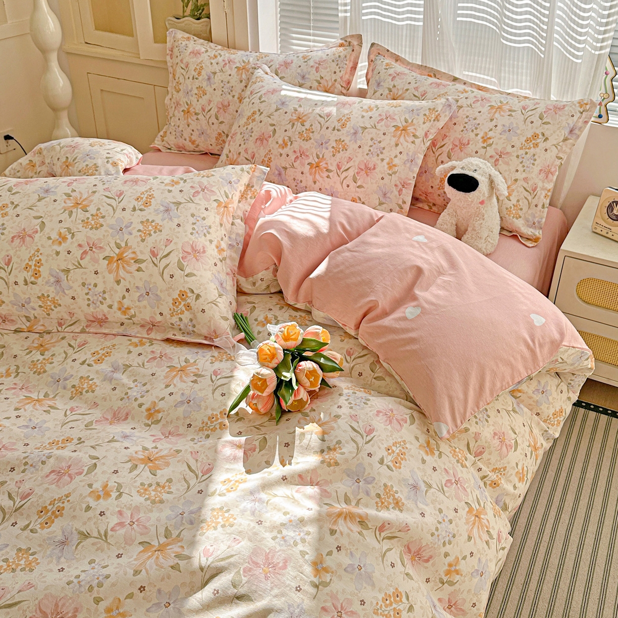 91家纺网 家纺一手货源 找家纺 春雨家居 2026新款全棉印花ins减龄可爱小清新单被套 苏糖-粉