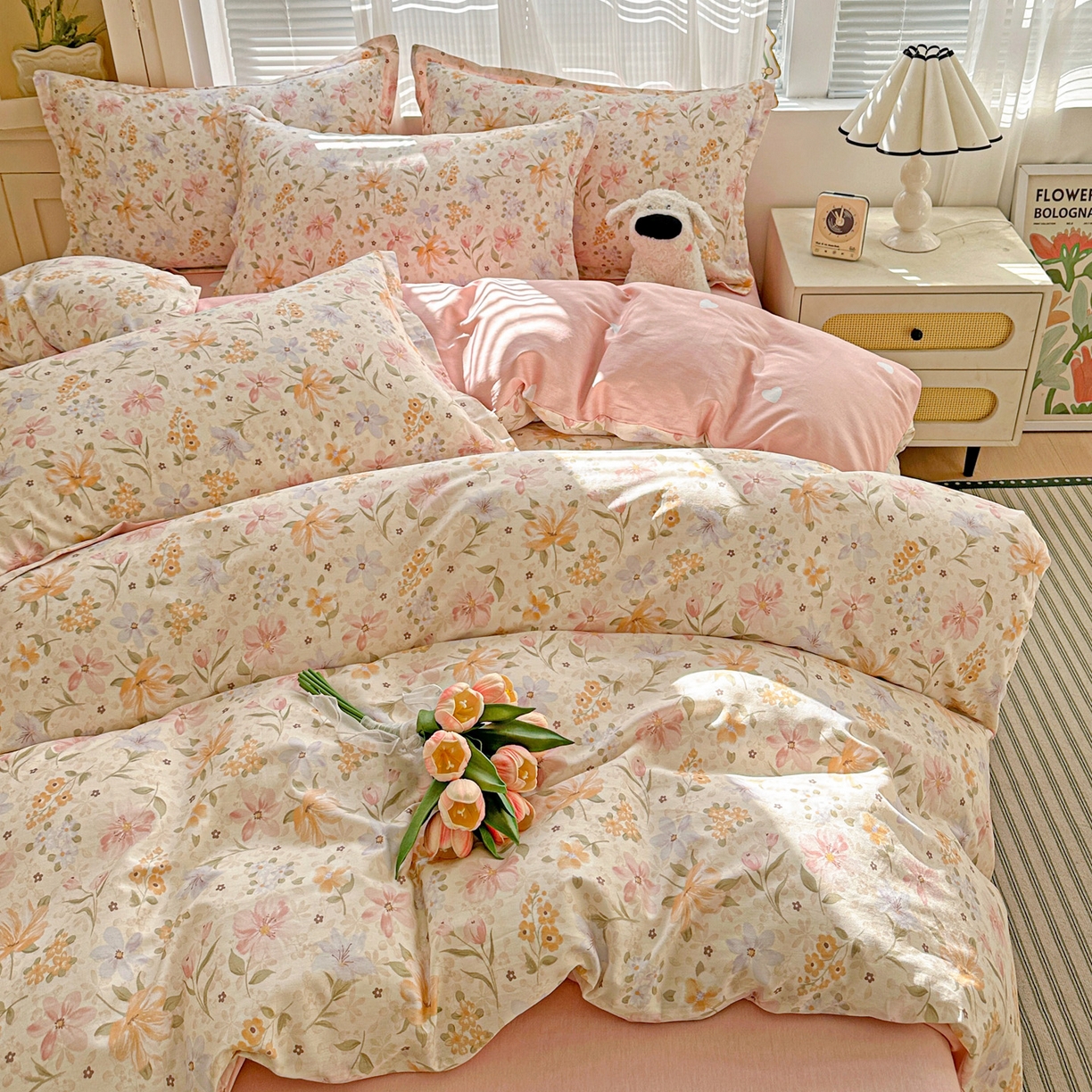 91家纺网 家纺一手货源 找家纺 春雨家居 2026新款全棉印花ins减龄可爱小清新单被套 苏糖-粉