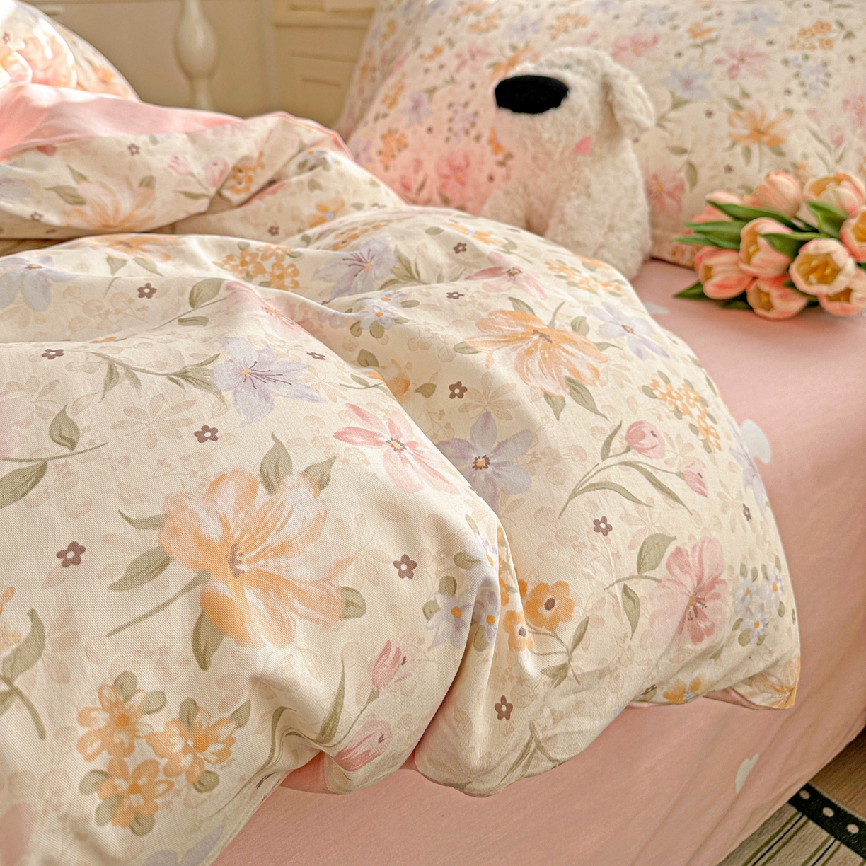 91家纺网 家纺一手货源 找家纺 春雨家居 2026新款全棉印花ins减龄可爱小清新单被套 苏糖-粉