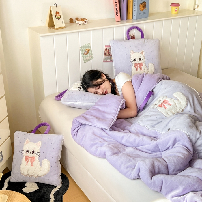 91家纺网 家纺一手货源 找家纺 番茄+ 2025新款牛奶绒哈基米抱枕被 哈基米-波点紫