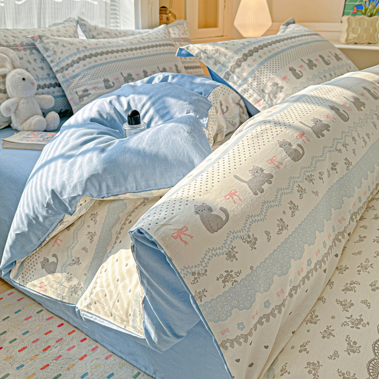 春雨家居 2026新款全棉印花ins减龄可爱小清新单被套 小猫时光-兰