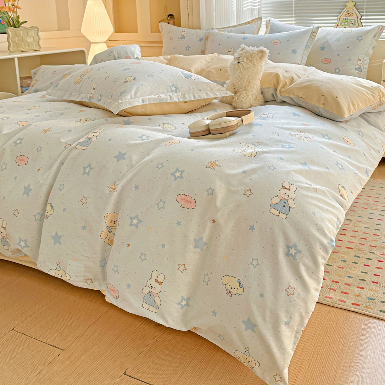 91家纺网 家纺一手货源 找家纺 春雨家居 2026新款全棉印花ins减龄可爱小清新单被套 星星童话园-兰