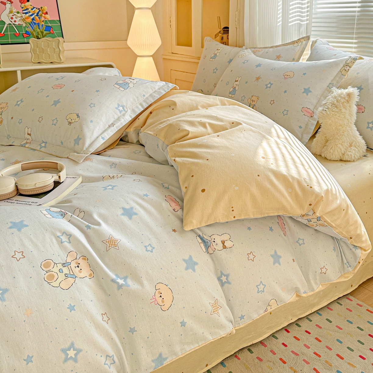 91家纺网 家纺一手货源 找家纺 春雨家居 2026新款全棉印花ins减龄可爱小清新单被套 星星童话园-兰