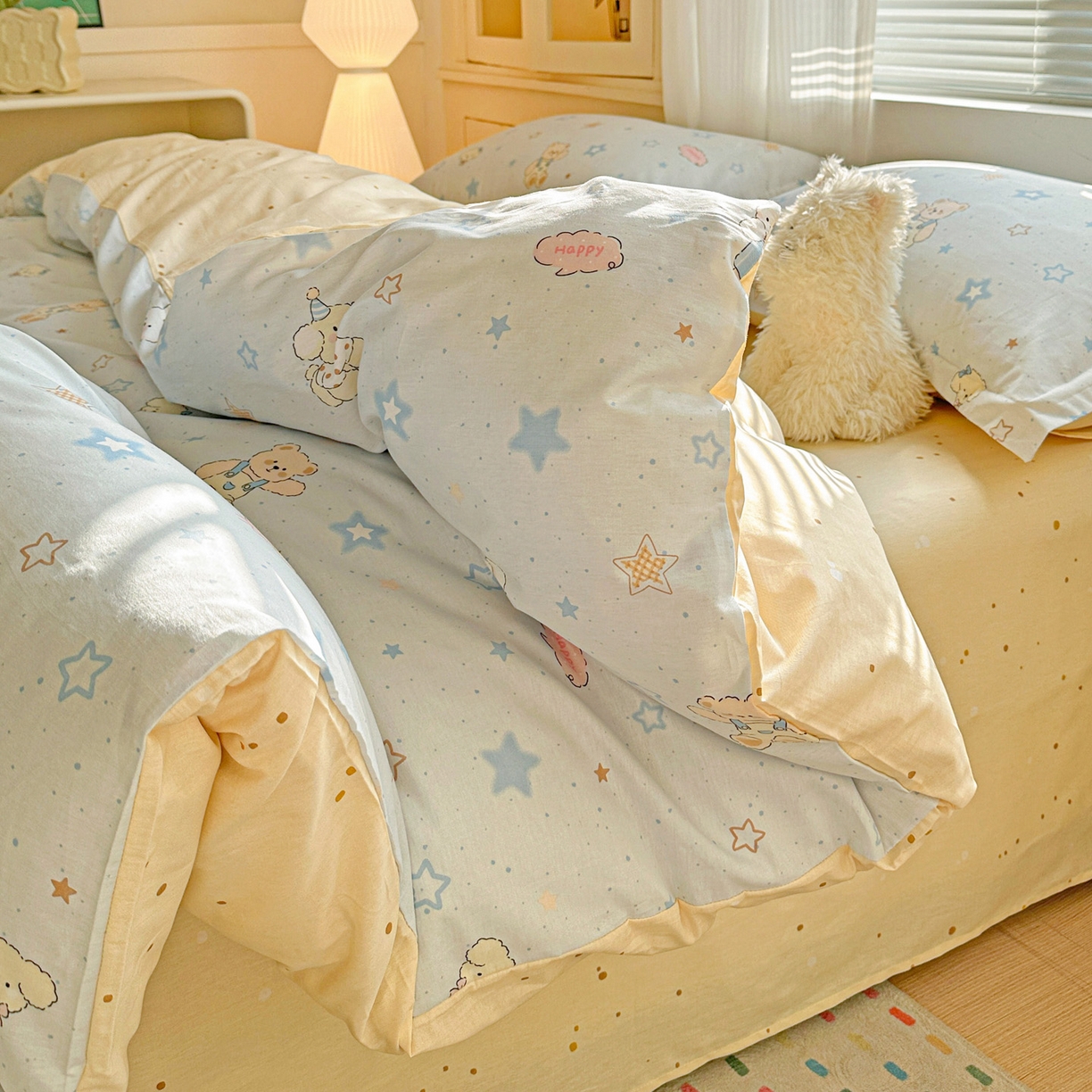 91家纺网 家纺一手货源 找家纺 春雨家居 2026新款全棉印花ins减龄可爱小清新单被套 星星童话园-兰