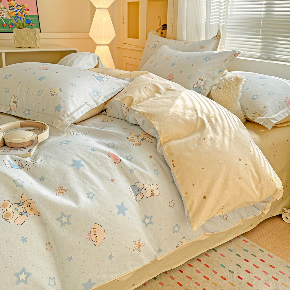 91家纺网 家纺一手货源 找家纺 春雨家居 2026新款全棉印花ins减龄可爱小清新单被套 星星童话园-兰