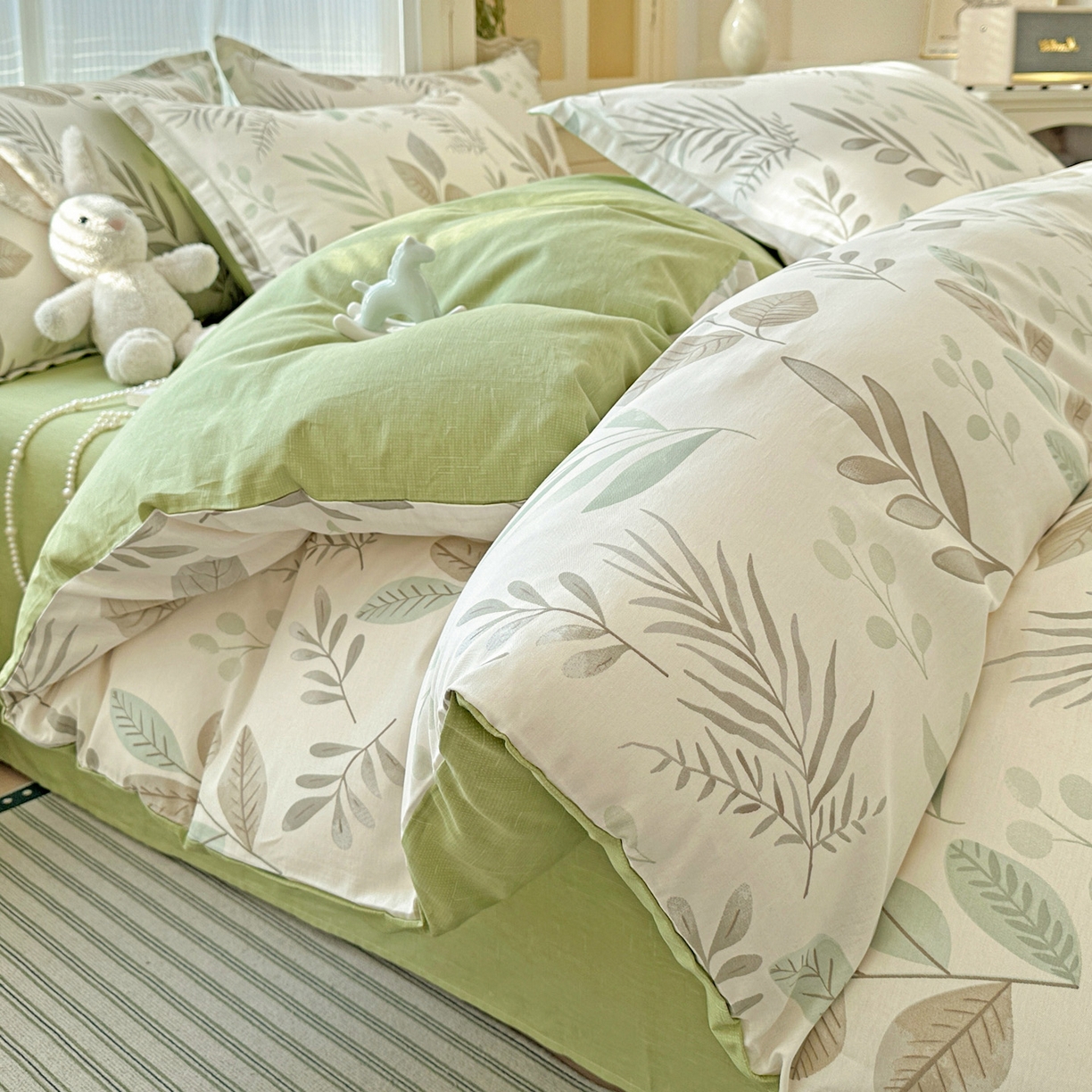 春雨家居 2026新款全棉印花ins减龄可爱小清新单被套 叶语轻喃-绿
