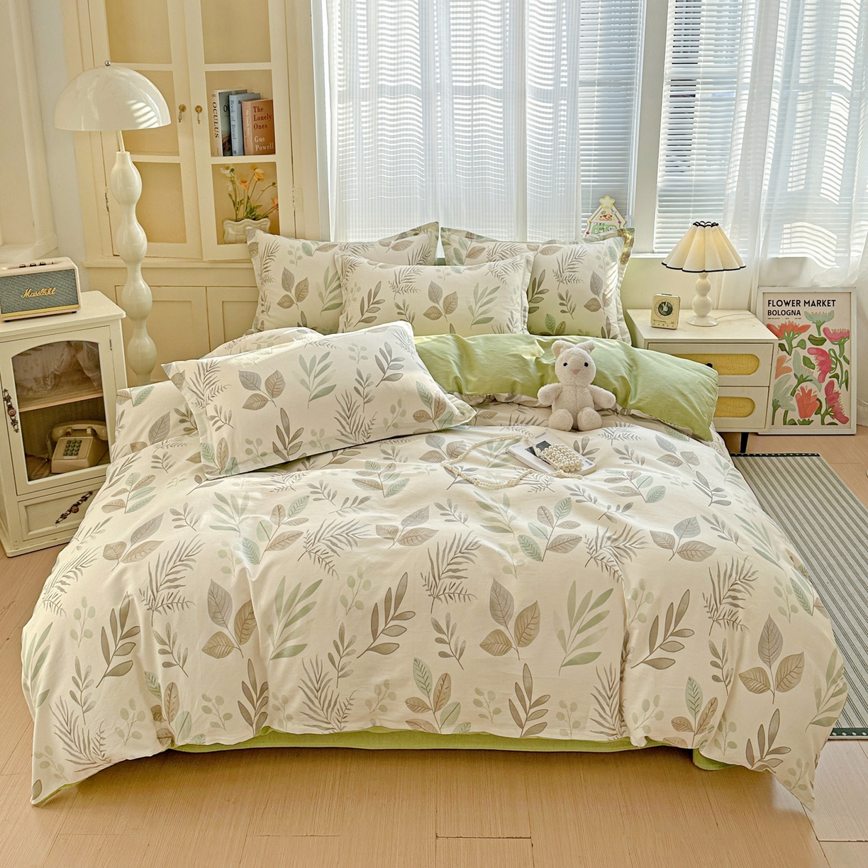 91家纺网 家纺一手货源 找家纺 春雨家居 2026新款全棉印花ins减龄可爱小清新单被套 叶语轻喃-绿