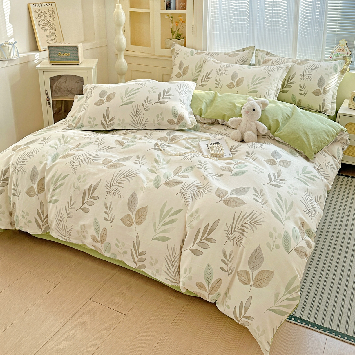 91家纺网 家纺一手货源 找家纺 春雨家居 2026新款全棉印花ins减龄可爱小清新单被套 叶语轻喃-绿