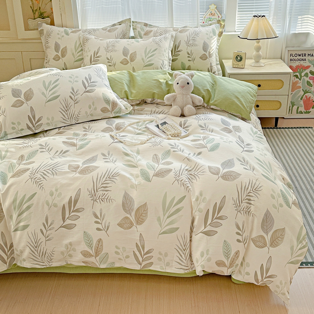 91家纺网 家纺一手货源 找家纺 春雨家居 2026新款全棉印花ins减龄可爱小清新单被套 叶语轻喃-绿