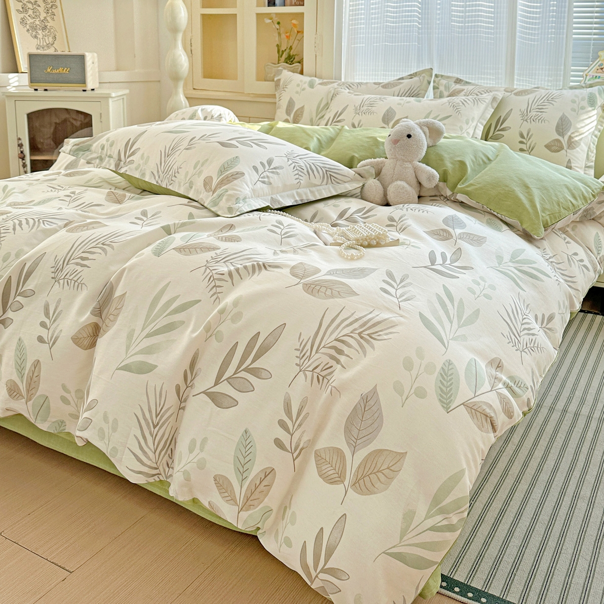 91家纺网 家纺一手货源 找家纺 春雨家居 2026新款全棉印花ins减龄可爱小清新单被套 叶语轻喃-绿