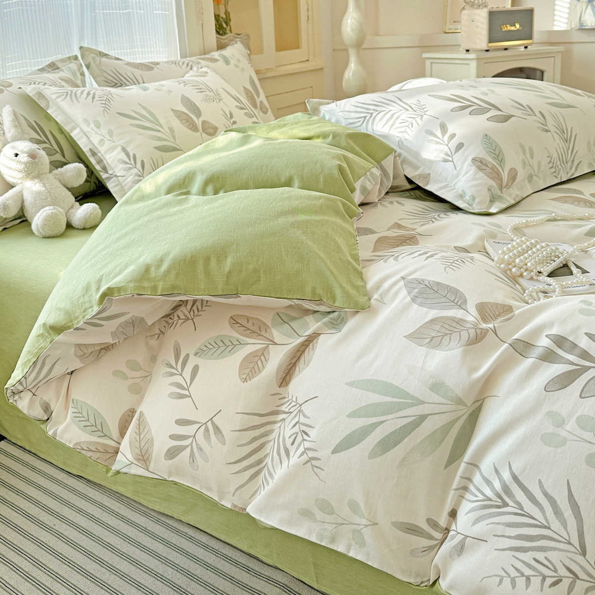 91家纺网 家纺一手货源 找家纺 春雨家居 2026新款全棉印花ins减龄可爱小清新单被套 叶语轻喃-绿