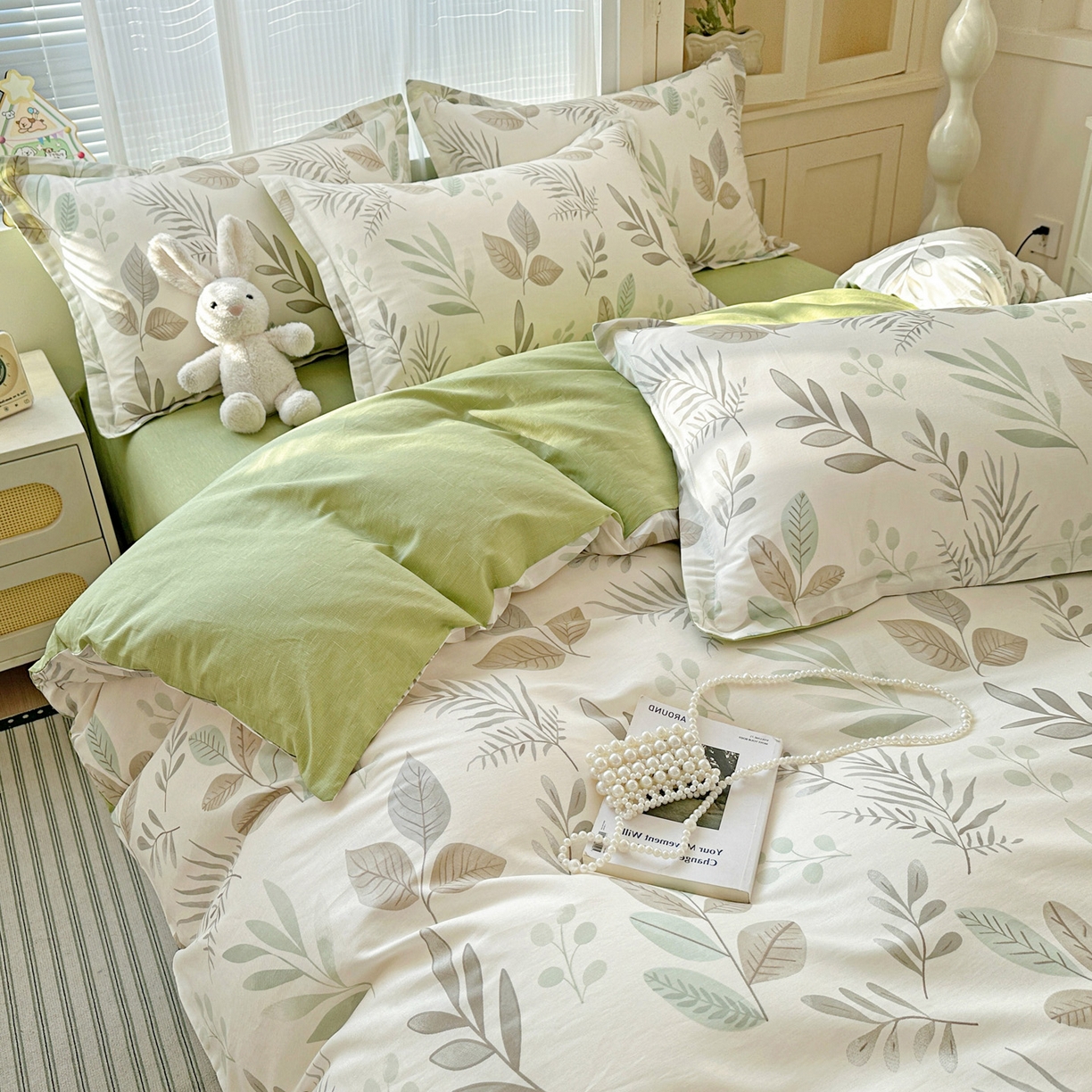 91家纺网 家纺一手货源 找家纺 春雨家居 2026新款全棉印花ins减龄可爱小清新单被套 叶语轻喃-绿