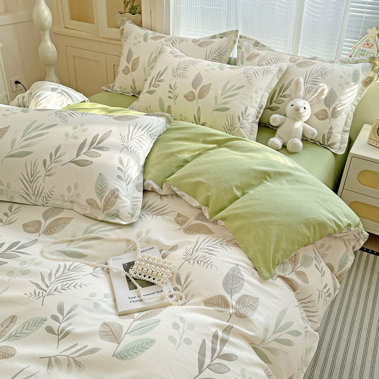 91家纺网 家纺一手货源 找家纺 春雨家居 2026新款全棉印花ins减龄可爱小清新单被套 叶语轻喃-绿