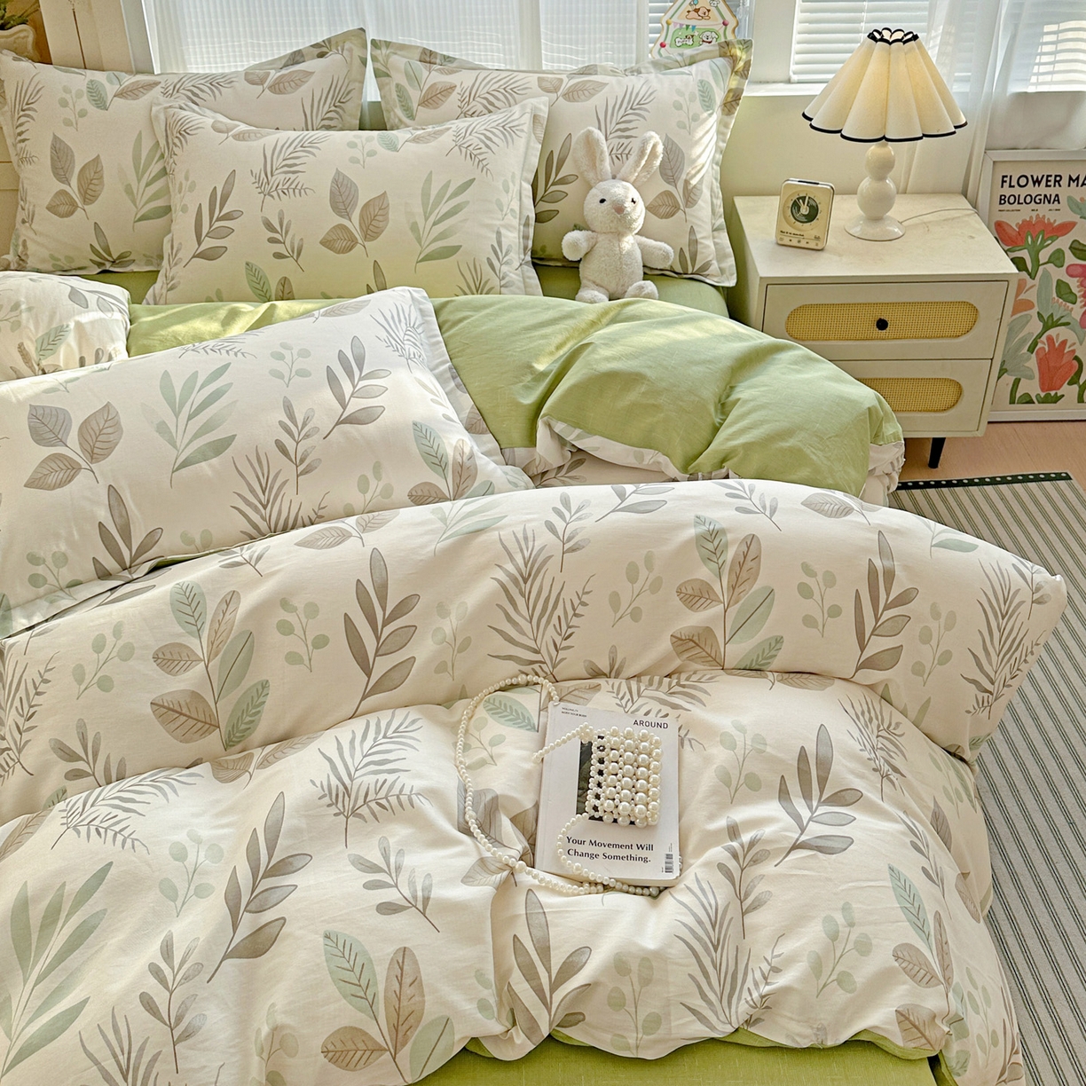 91家纺网 家纺一手货源 找家纺 春雨家居 2026新款全棉印花ins减龄可爱小清新单被套 叶语轻喃-绿