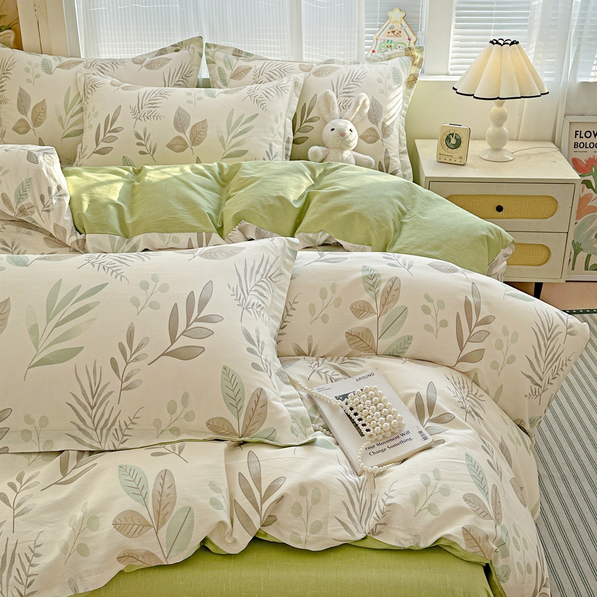 91家纺网 家纺一手货源 找家纺 春雨家居 2026新款全棉印花ins减龄可爱小清新单被套 叶语轻喃-绿
