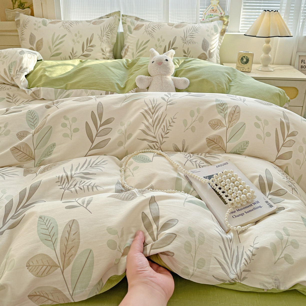 91家纺网 家纺一手货源 找家纺 春雨家居 2026新款全棉印花ins减龄可爱小清新单被套 叶语轻喃-绿
