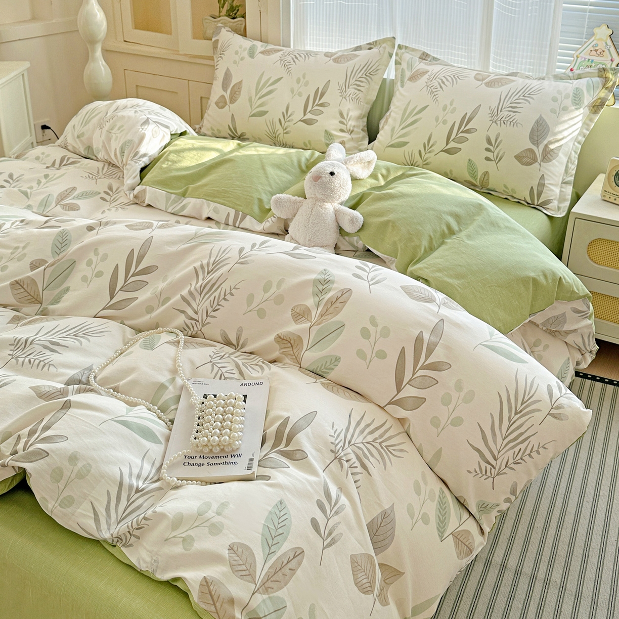 91家纺网 家纺一手货源 找家纺 春雨家居 2026新款全棉印花ins减龄可爱小清新单被套 叶语轻喃-绿