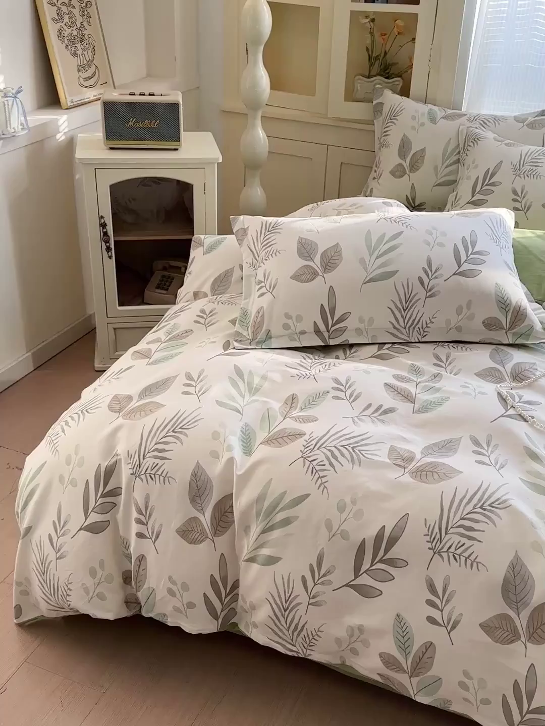 91家纺网 家纺一手货源 找家纺 春雨家居 2026新款全棉印花ins减龄可爱小清新单被套 叶语轻喃-绿