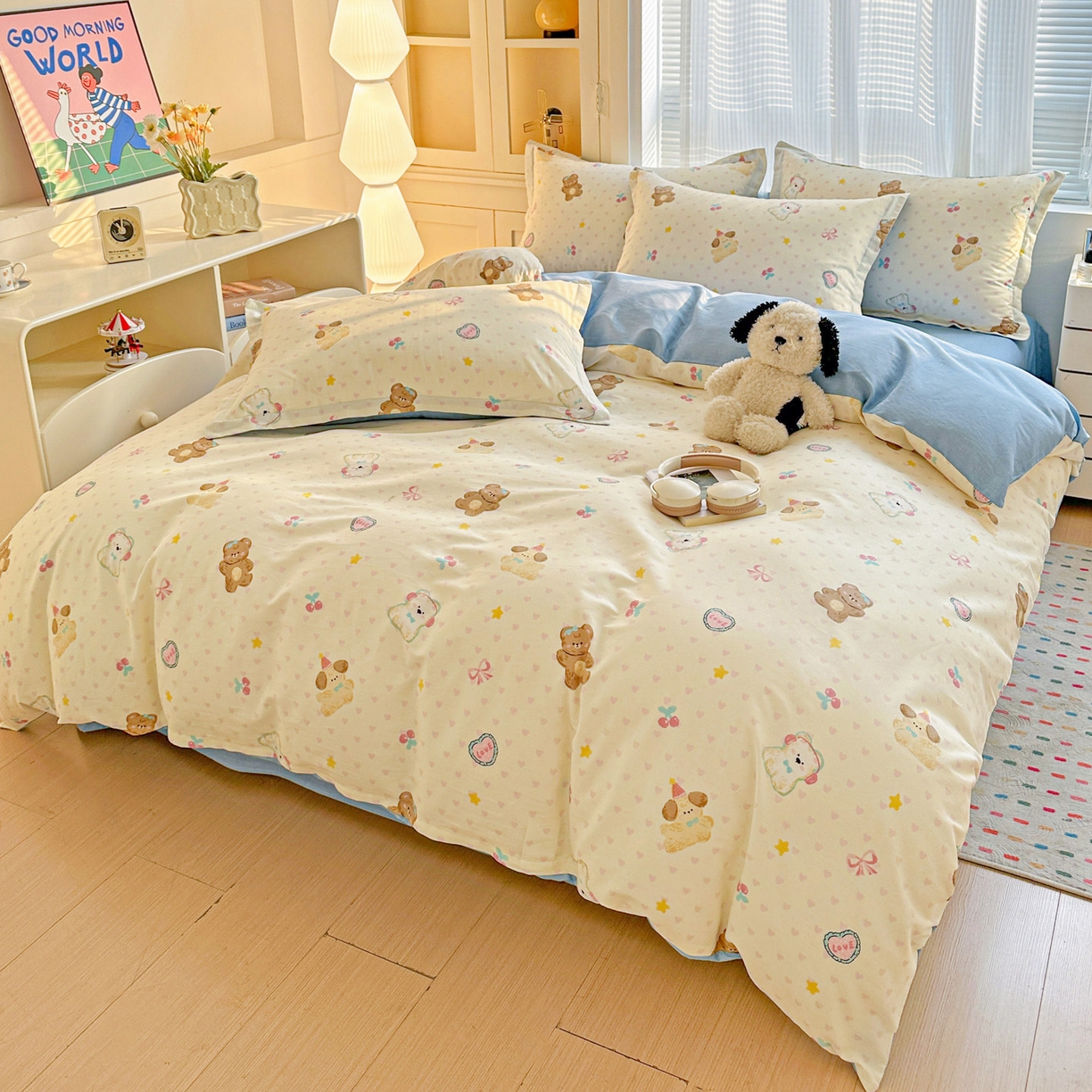 91家纺网 家纺一手货源 找家纺 春雨家居 2026新款全棉印花ins减龄可爱小清新单被套 芋泥小狗