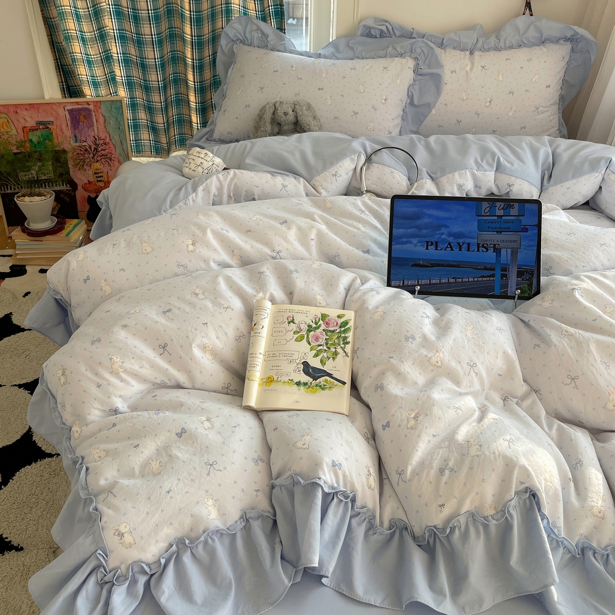 91家纺网 家纺一手货源 找家纺 凯洛奇 2026新款A类仿棉四件套古法水洗棉法式工艺花边套件（提供买家秀） 心动蓝海