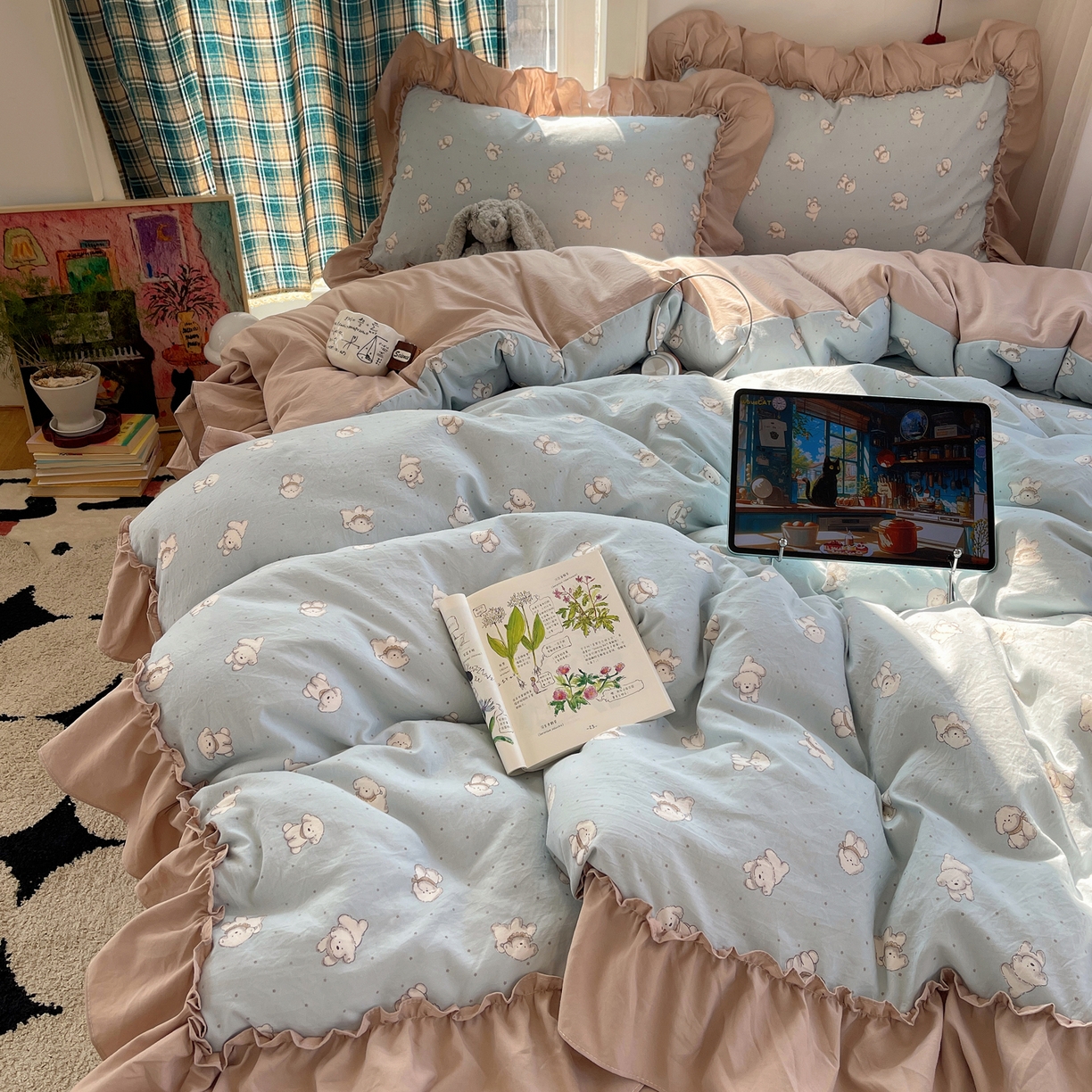 凯洛奇 2026新款A类仿棉四件套古法水洗棉法式工艺花边套件（提供买家秀） 可爱小白