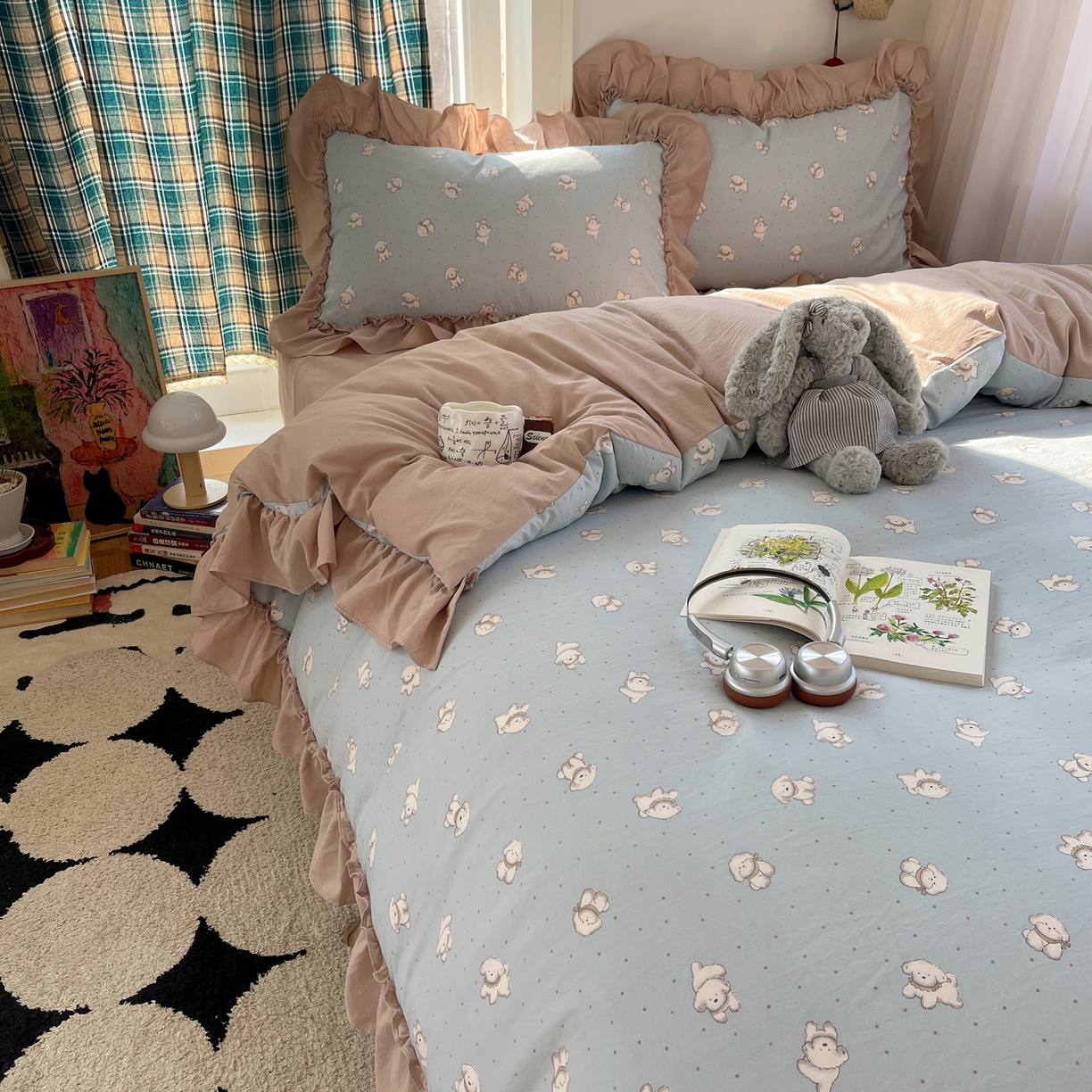 91家纺网 家纺一手货源 找家纺 凯洛奇 2026新款A类仿棉四件套古法水洗棉法式工艺花边套件（提供买家秀） 可爱小白