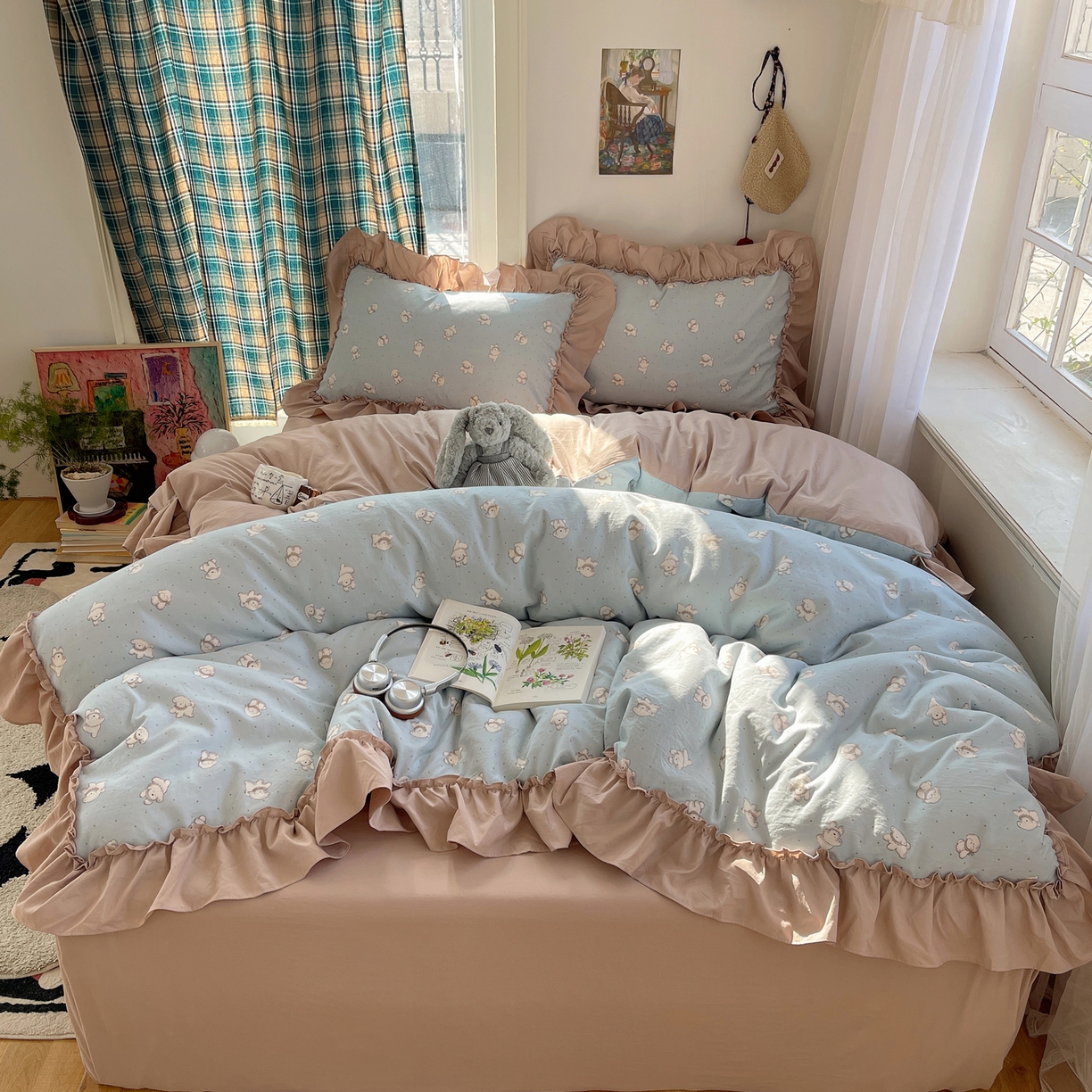 91家纺网 家纺一手货源 找家纺 凯洛奇 2026新款A类仿棉四件套古法水洗棉法式工艺花边套件（提供买家秀） 可爱小白