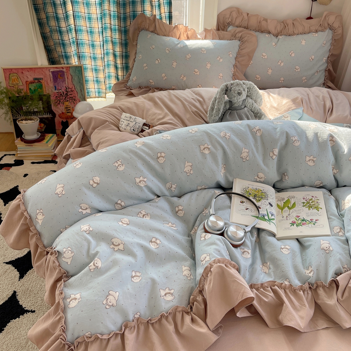 91家纺网 家纺一手货源 找家纺 凯洛奇 2026新款A类仿棉四件套古法水洗棉法式工艺花边套件（提供买家秀） 可爱小白