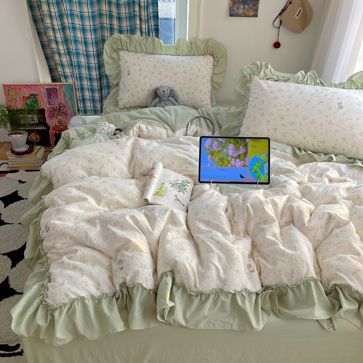 凯洛奇 2026新款A类仿棉四件套古法水洗棉法式工艺花边套件（提供买家秀） 林间小兔