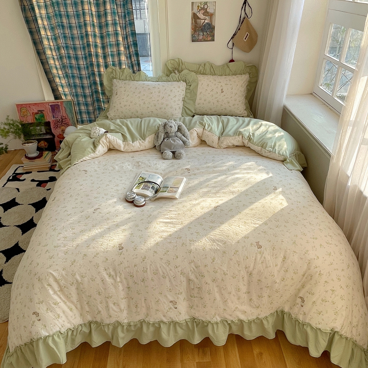 91家纺网 家纺一手货源 找家纺 凯洛奇 2026新款A类仿棉四件套古法水洗棉法式工艺花边套件（提供买家秀） 林间小兔