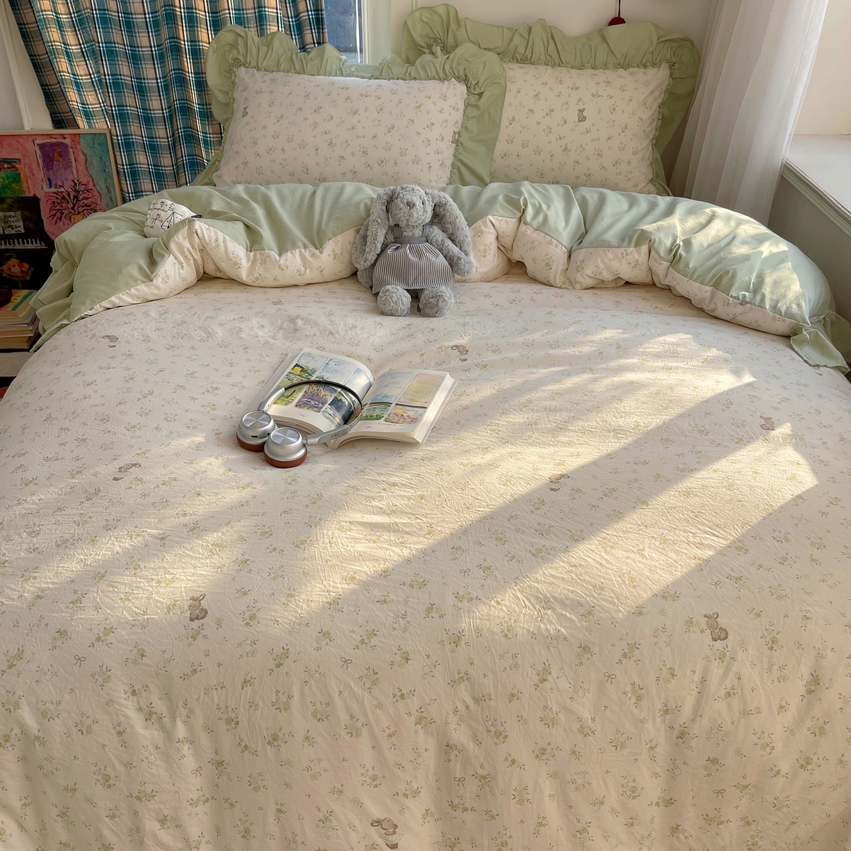 91家纺网 家纺一手货源 找家纺 凯洛奇 2026新款A类仿棉四件套古法水洗棉法式工艺花边套件（提供买家秀） 林间小兔