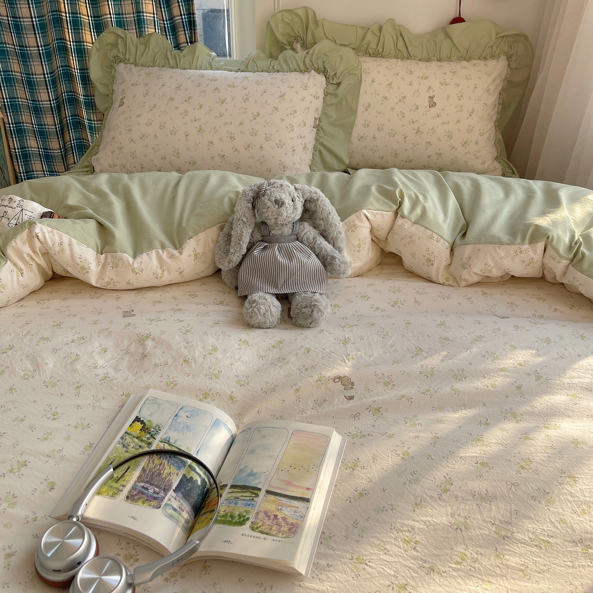 91家纺网 家纺一手货源 找家纺 凯洛奇 2026新款A类仿棉四件套古法水洗棉法式工艺花边套件（提供买家秀） 林间小兔