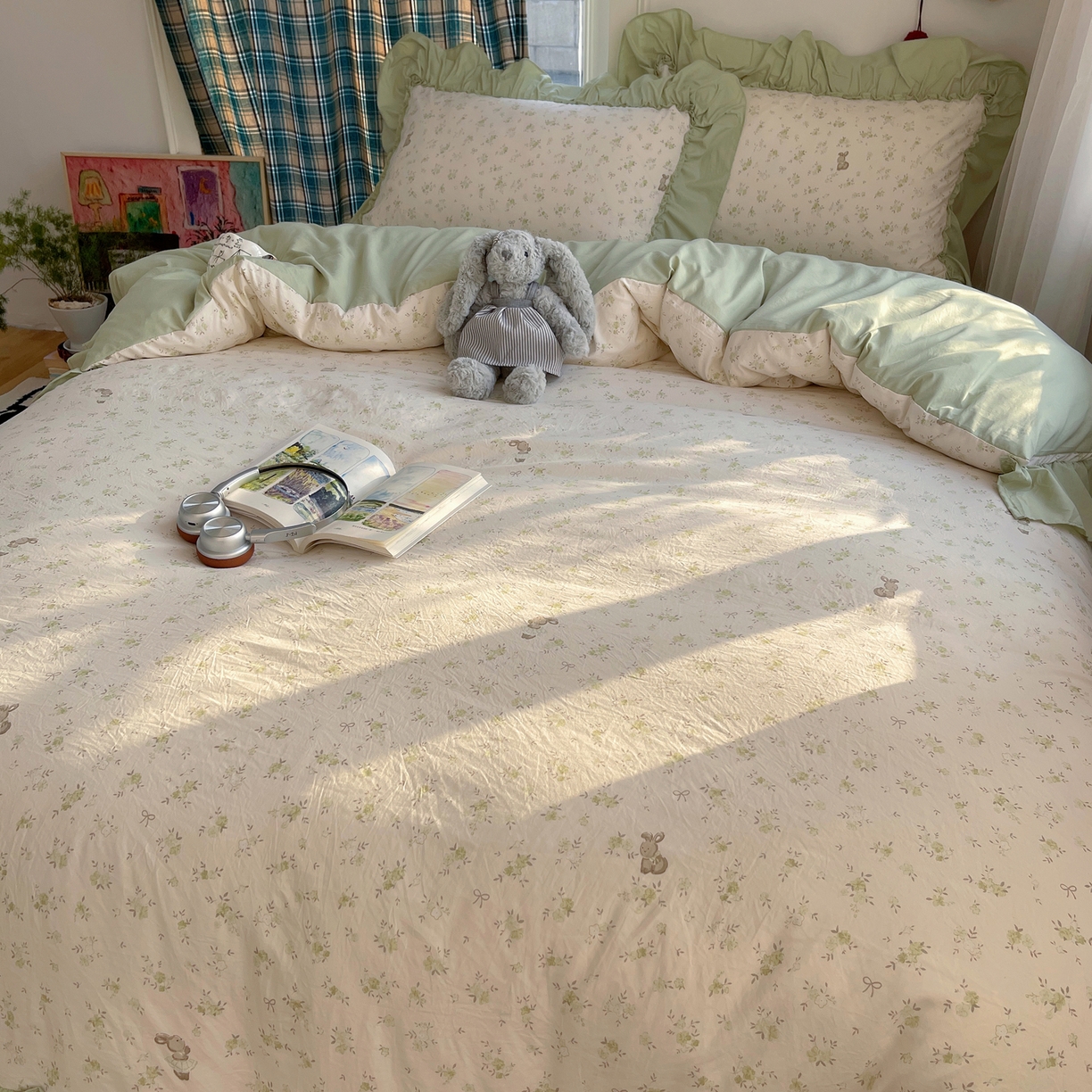 91家纺网 家纺一手货源 找家纺 凯洛奇 2026新款A类仿棉四件套古法水洗棉法式工艺花边套件（提供买家秀） 林间小兔