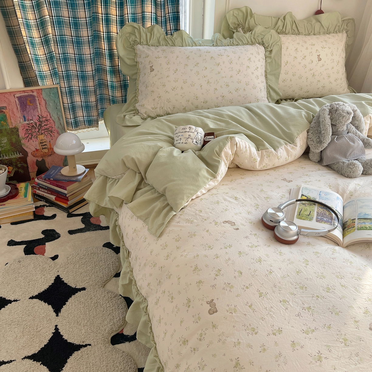 91家纺网 家纺一手货源 找家纺 凯洛奇 2026新款A类仿棉四件套古法水洗棉法式工艺花边套件（提供买家秀） 林间小兔