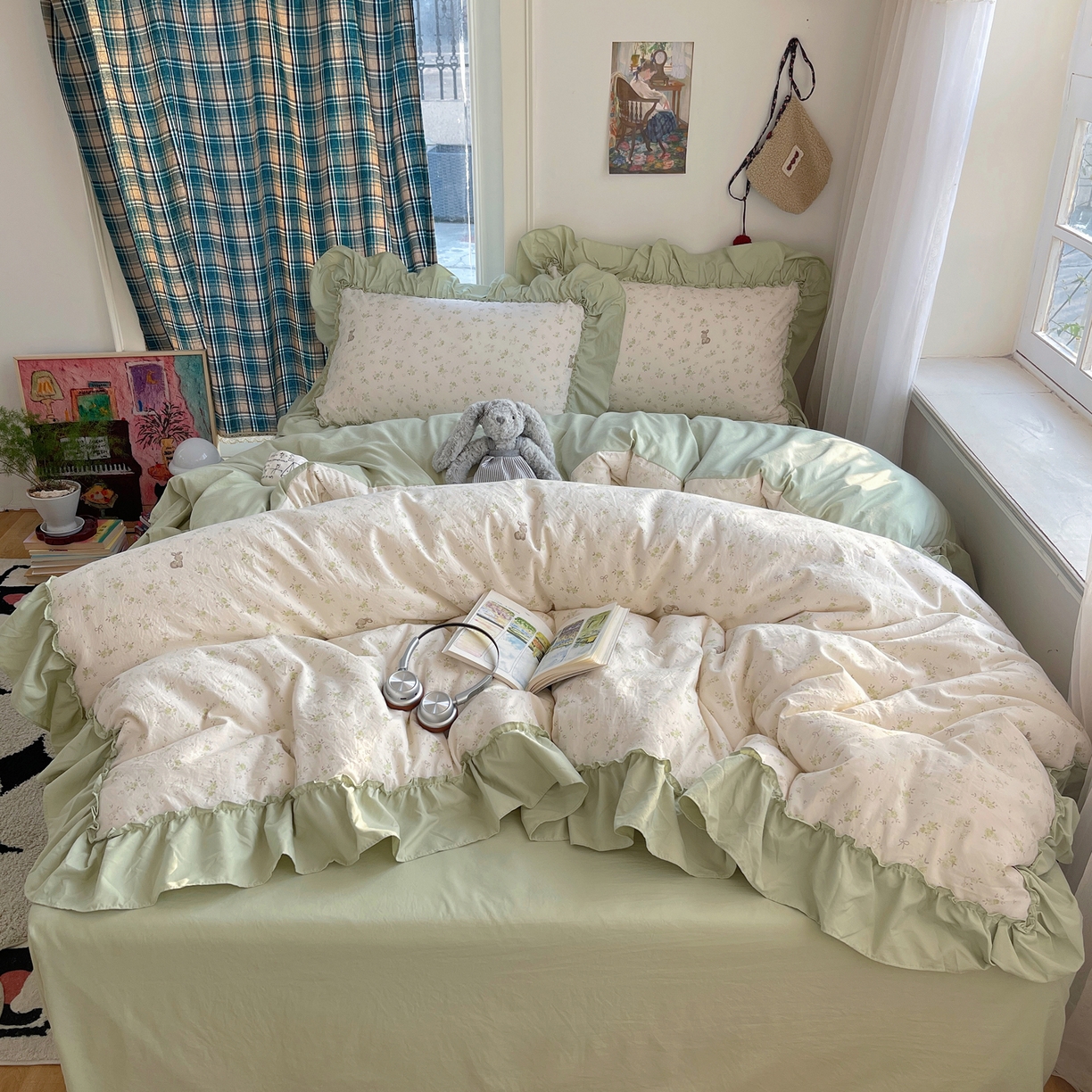 91家纺网 家纺一手货源 找家纺 凯洛奇 2026新款A类仿棉四件套古法水洗棉法式工艺花边套件（提供买家秀） 林间小兔