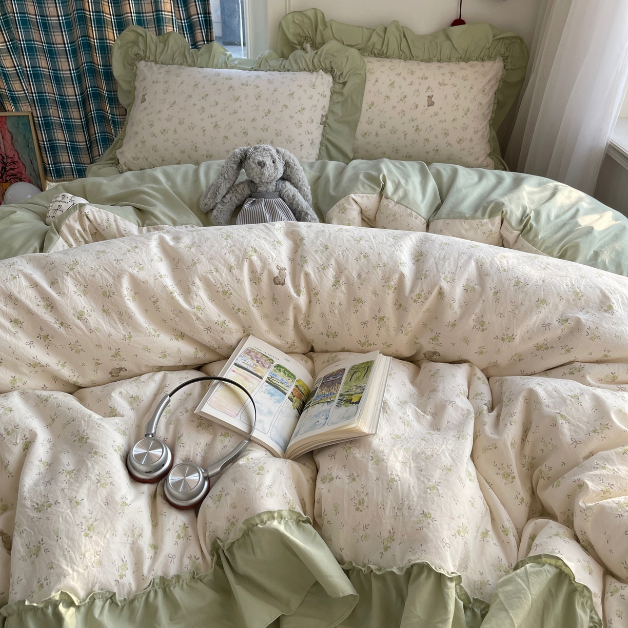 91家纺网 家纺一手货源 找家纺 凯洛奇 2026新款A类仿棉四件套古法水洗棉法式工艺花边套件（提供买家秀） 林间小兔