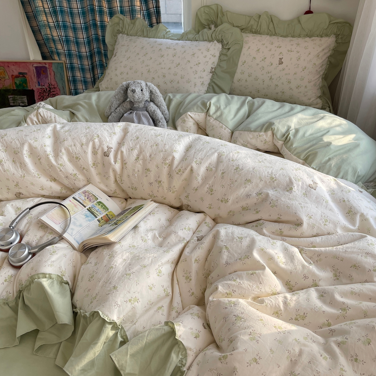 91家纺网 家纺一手货源 找家纺 凯洛奇 2026新款A类仿棉四件套古法水洗棉法式工艺花边套件（提供买家秀） 林间小兔