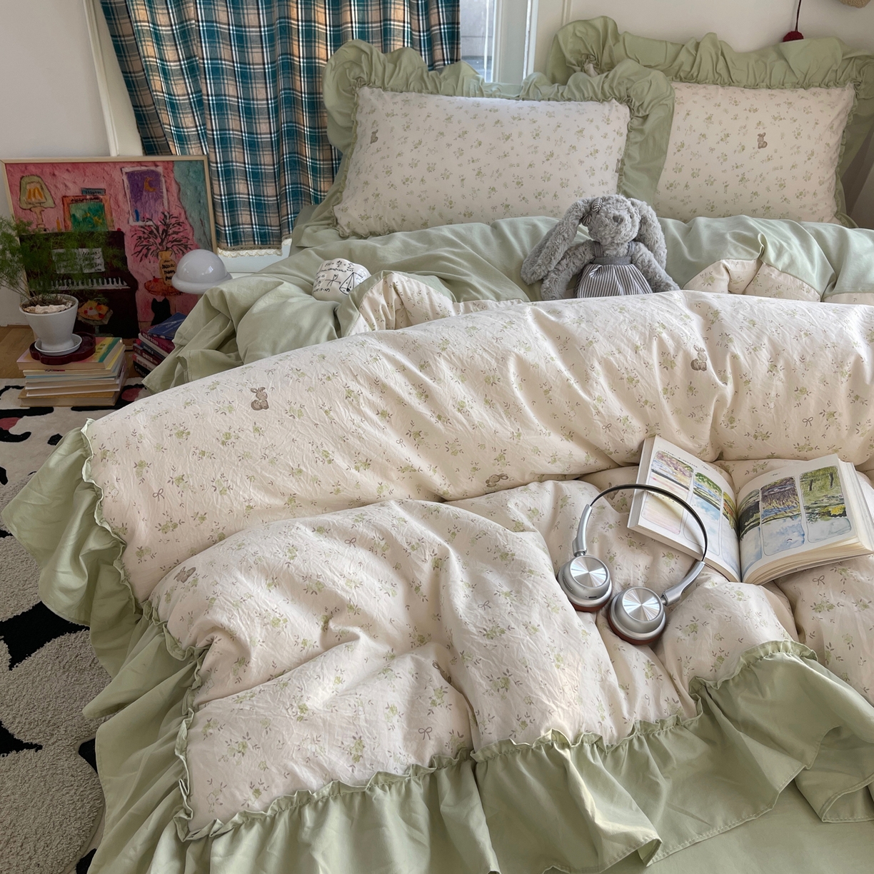 91家纺网 家纺一手货源 找家纺 凯洛奇 2026新款A类仿棉四件套古法水洗棉法式工艺花边套件（提供买家秀） 林间小兔