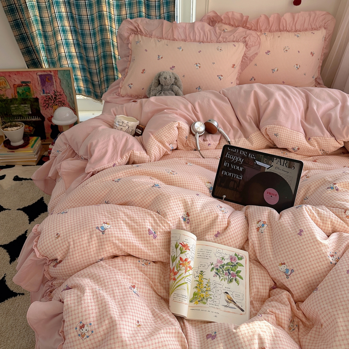 91家纺网 家纺一手货源 找家纺 凯洛奇 2026新款A类仿棉四件套古法水洗棉法式工艺花边套件（提供买家秀） 萌萌小猫