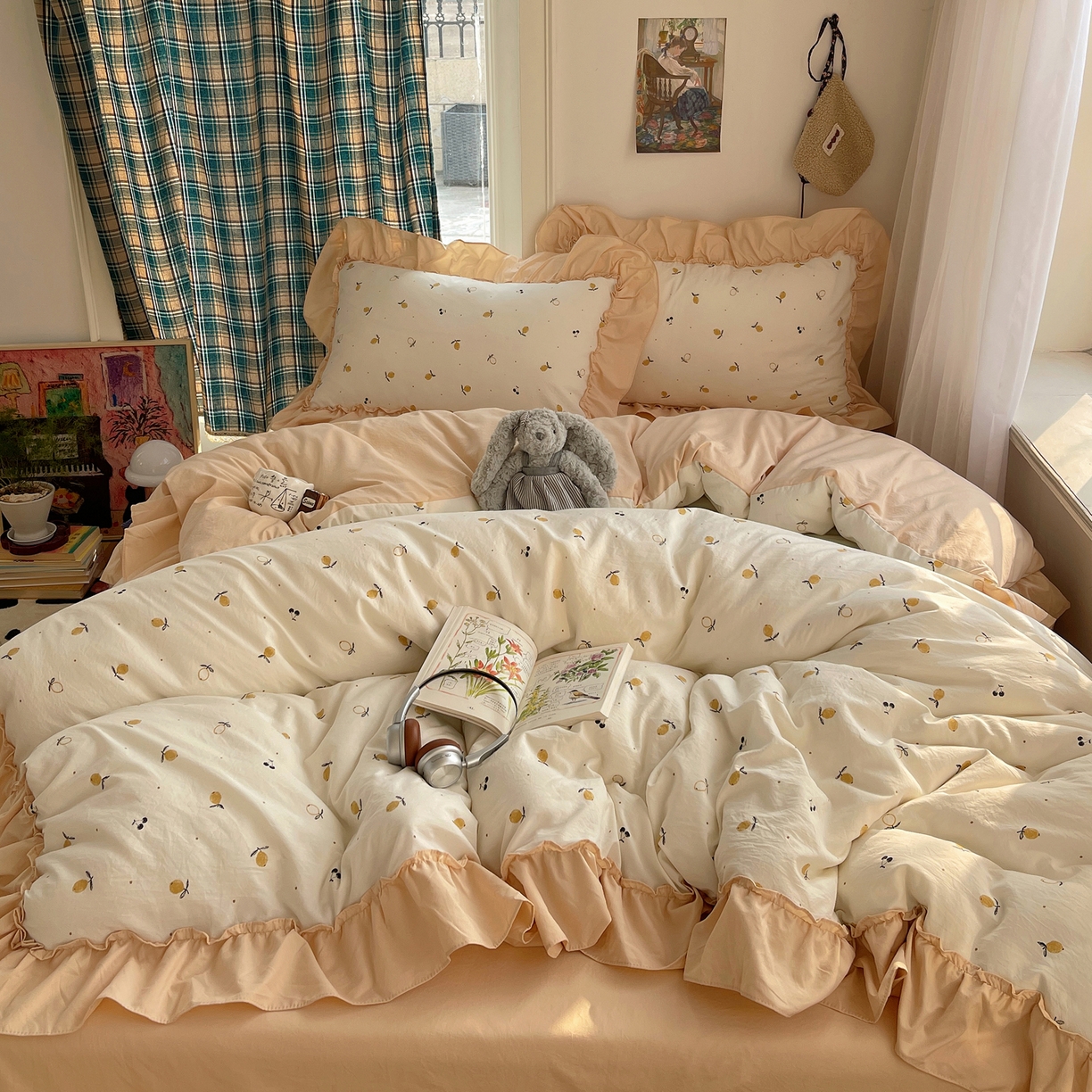 91家纺网 家纺一手货源 找家纺 凯洛奇 2026新款A类仿棉四件套古法水洗棉法式工艺花边套件（提供买家秀） 硕果盈盈