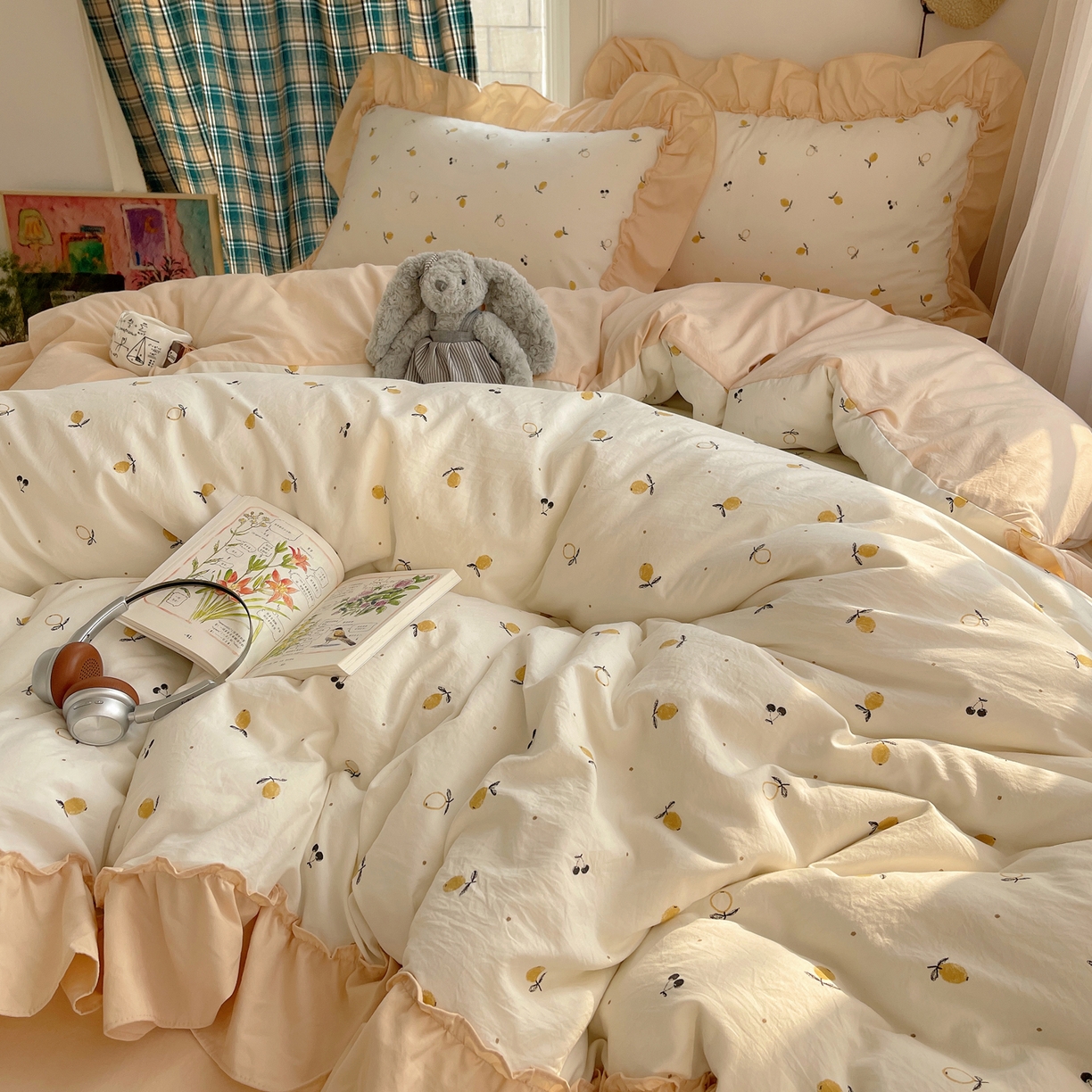 91家纺网 家纺一手货源 找家纺 凯洛奇 2026新款A类仿棉四件套古法水洗棉法式工艺花边套件（提供买家秀） 硕果盈盈