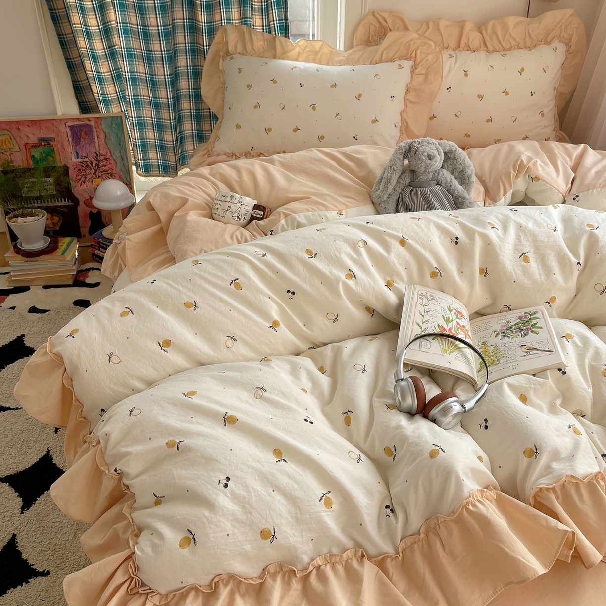 91家纺网 家纺一手货源 找家纺 凯洛奇 2026新款A类仿棉四件套古法水洗棉法式工艺花边套件（提供买家秀） 硕果盈盈