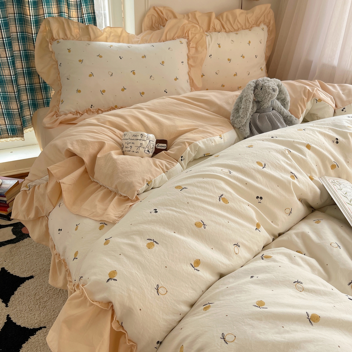 91家纺网 家纺一手货源 找家纺 凯洛奇 2026新款A类仿棉四件套古法水洗棉法式工艺花边套件（提供买家秀） 硕果盈盈