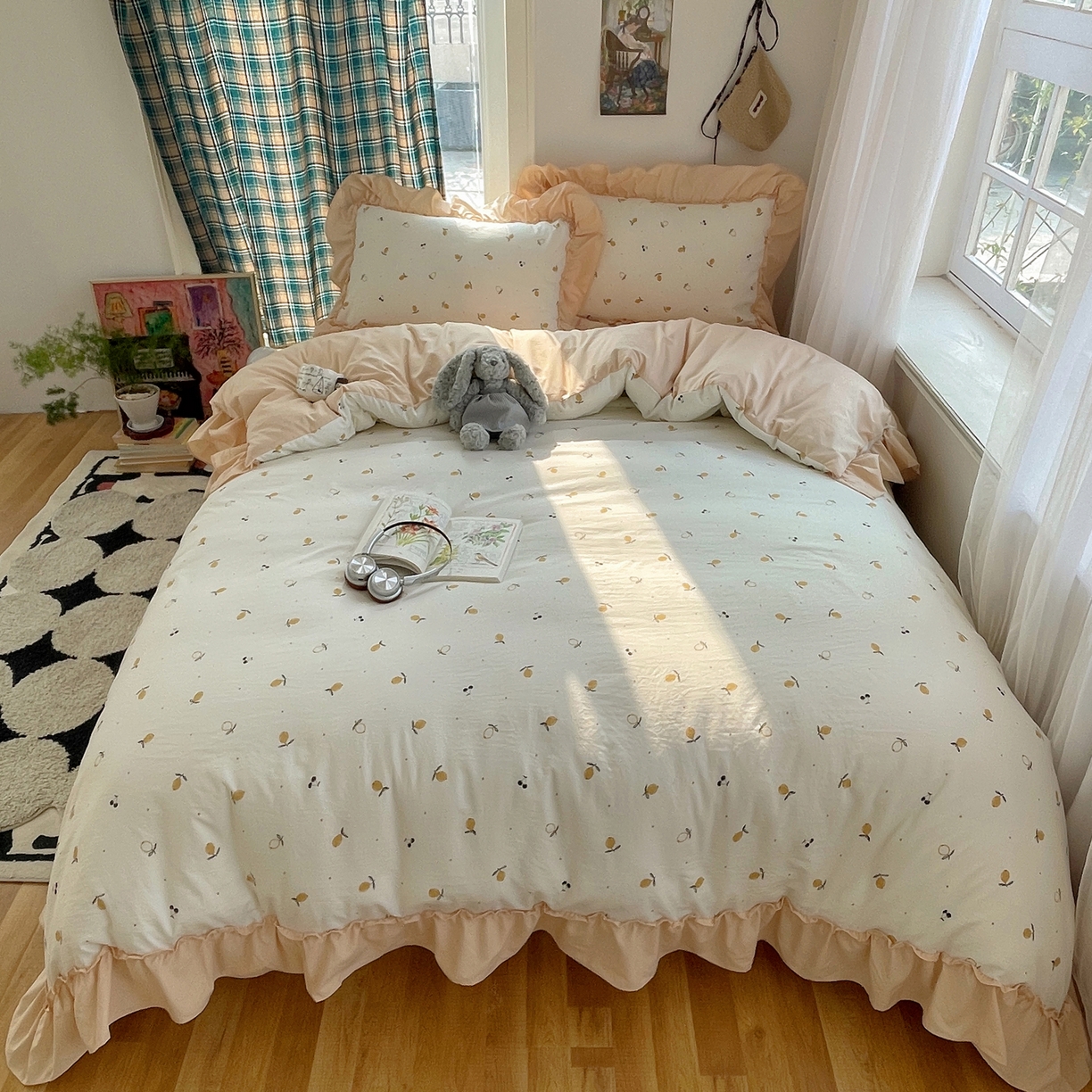 91家纺网 家纺一手货源 找家纺 凯洛奇 2026新款A类仿棉四件套古法水洗棉法式工艺花边套件（提供买家秀） 硕果盈盈