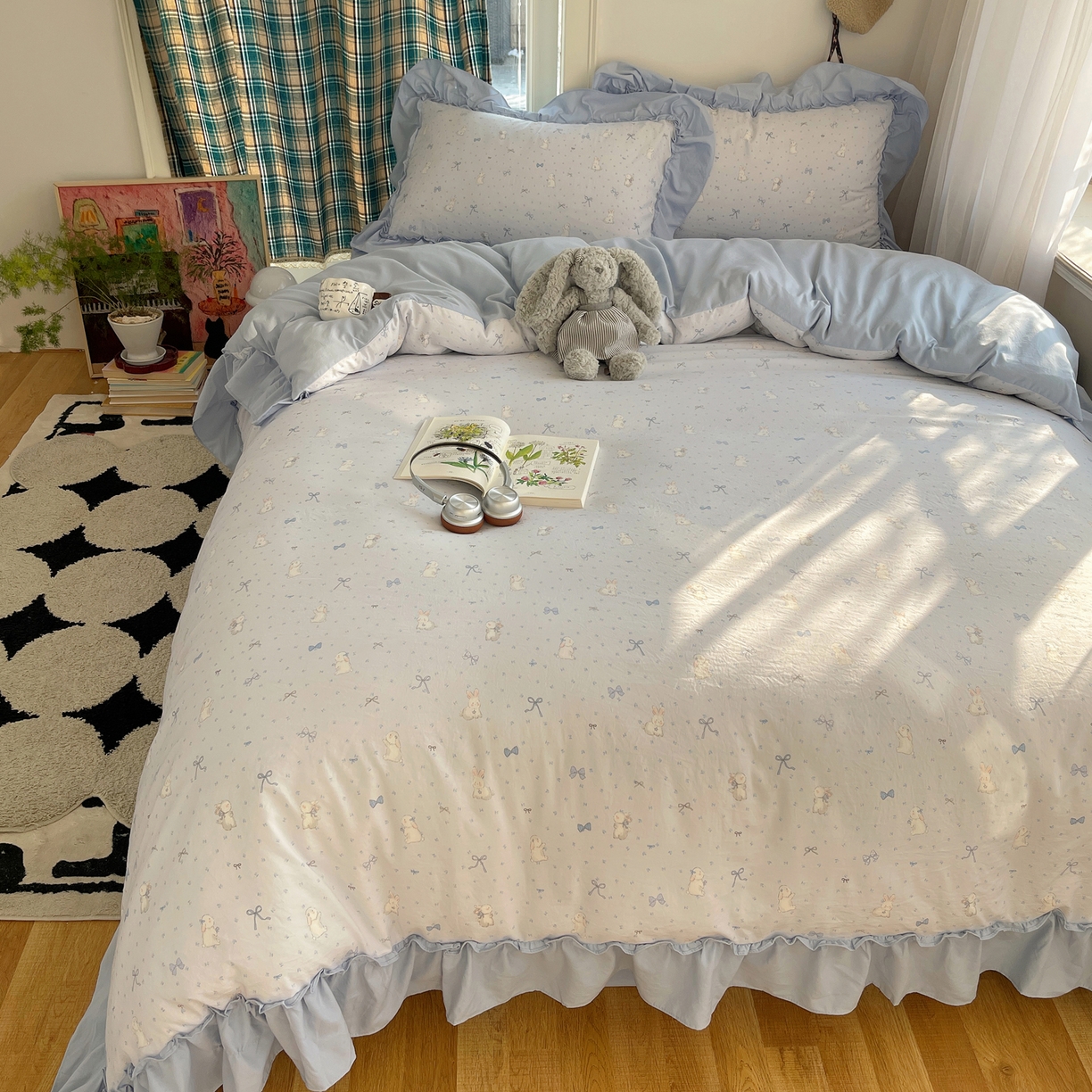 91家纺网 家纺一手货源 找家纺 凯洛奇 2026新款A类仿棉四件套古法水洗棉法式工艺花边套件（提供买家秀） 心动蓝海