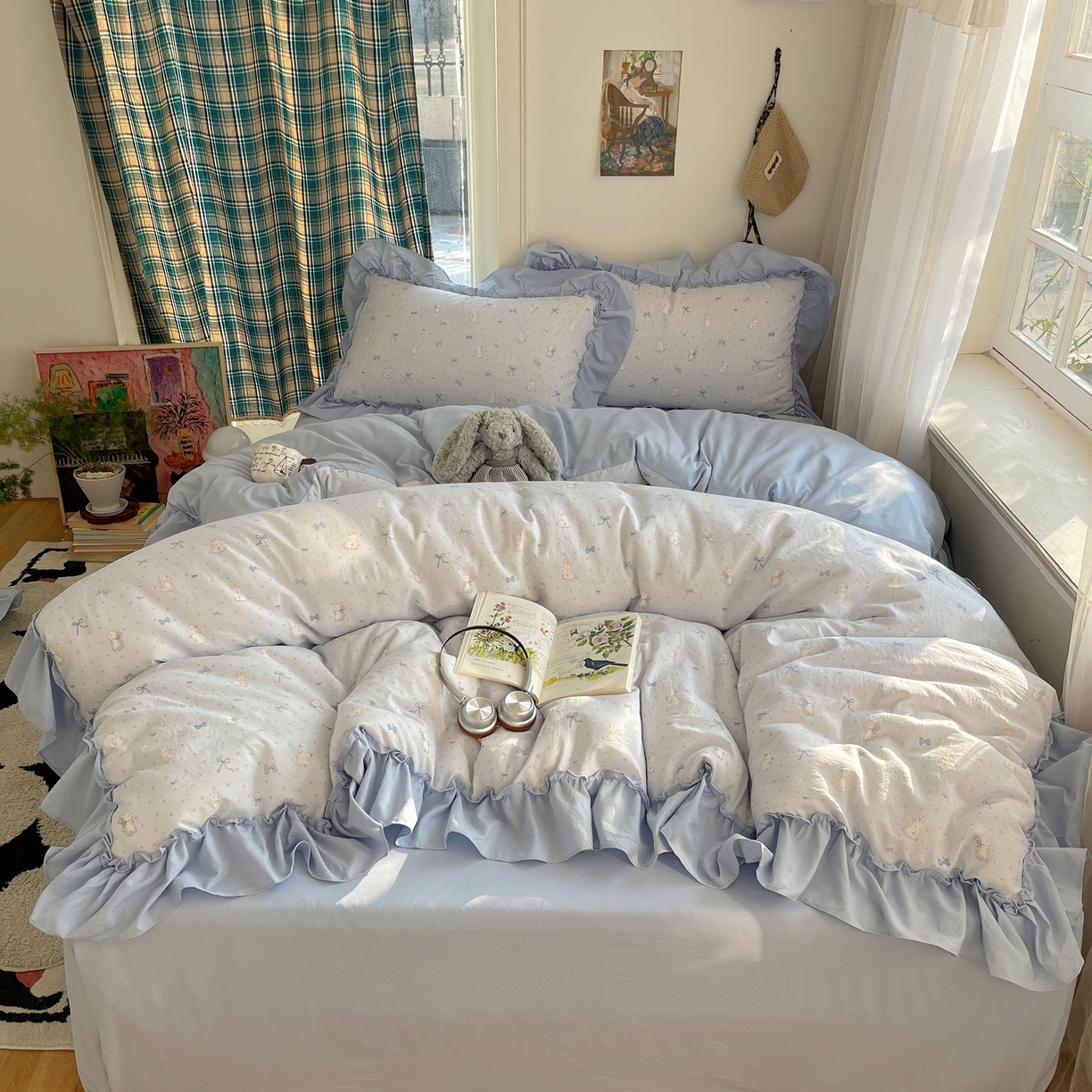 91家纺网 家纺一手货源 找家纺 凯洛奇 2026新款A类仿棉四件套古法水洗棉法式工艺花边套件（提供买家秀） 心动蓝海