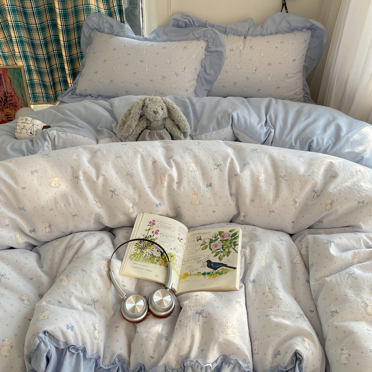 91家纺网 家纺一手货源 找家纺 凯洛奇 2026新款A类仿棉四件套古法水洗棉法式工艺花边套件（提供买家秀） 心动蓝海