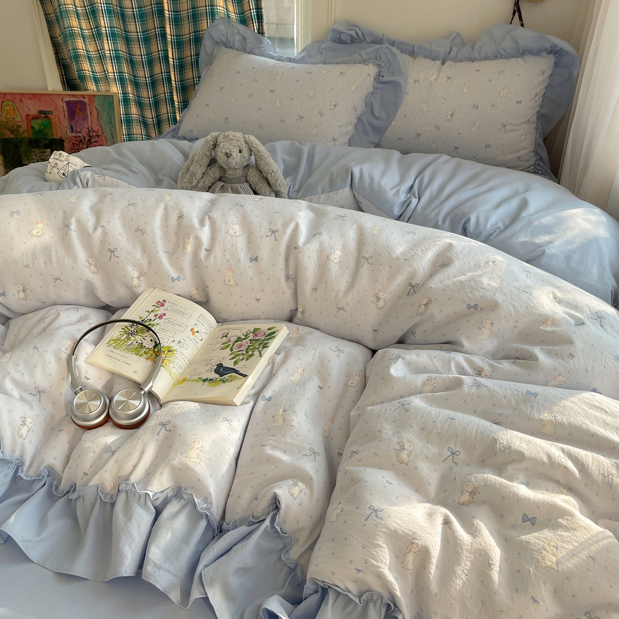 91家纺网 家纺一手货源 找家纺 凯洛奇 2026新款A类仿棉四件套古法水洗棉法式工艺花边套件（提供买家秀） 心动蓝海