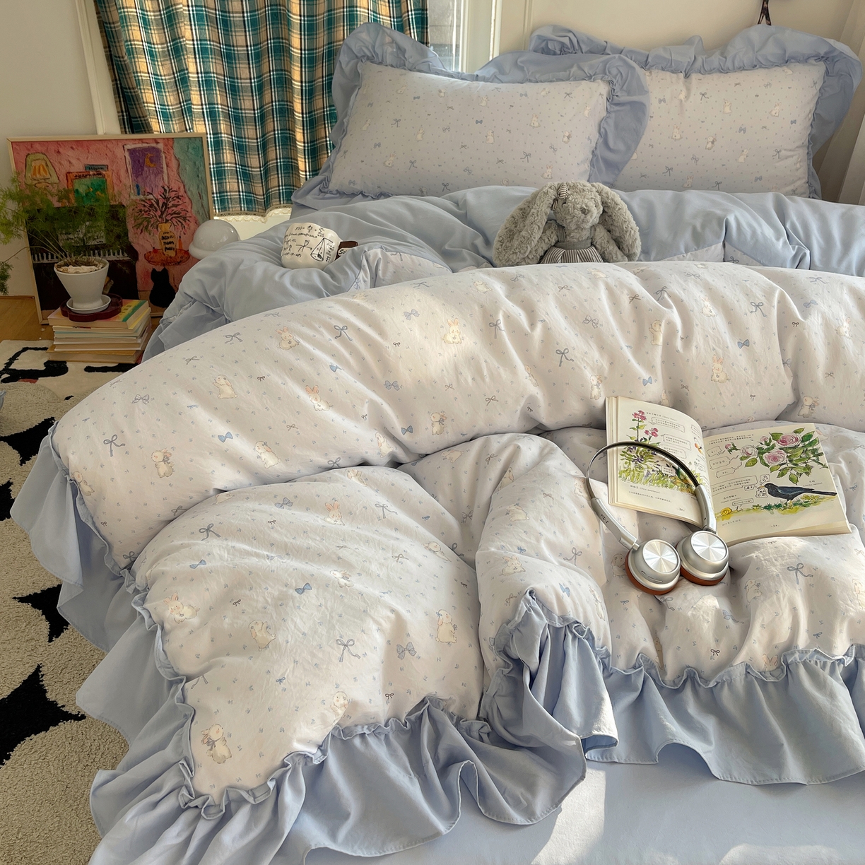 91家纺网 家纺一手货源 找家纺 凯洛奇 2026新款A类仿棉四件套古法水洗棉法式工艺花边套件（提供买家秀） 心动蓝海