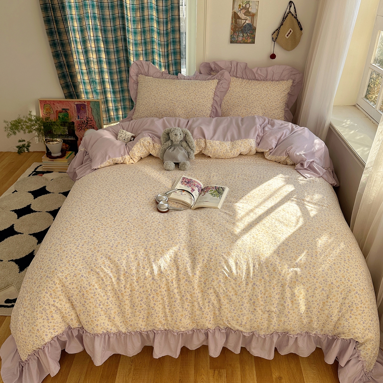 91家纺网 家纺一手货源 找家纺 凯洛奇 2026新款A类仿棉四件套古法水洗棉法式工艺花边套件（提供买家秀） 紫藤花语